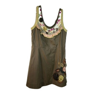 LULUMARI Cotton Embroidered Patchwork Dress Scoop Neck Sleeveless Brown Medium